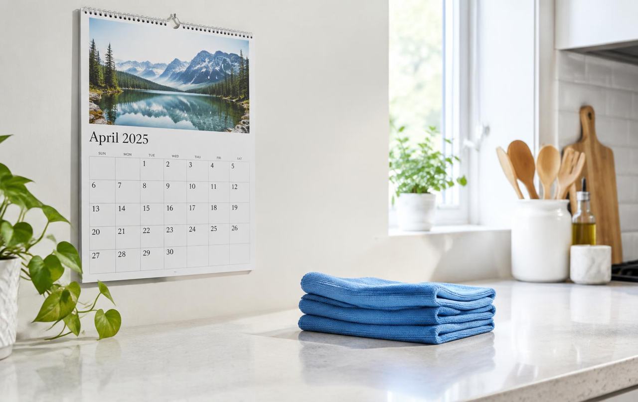 Calendari a la paret i draps blaus plegats sobre el marbre d'una cuina neta