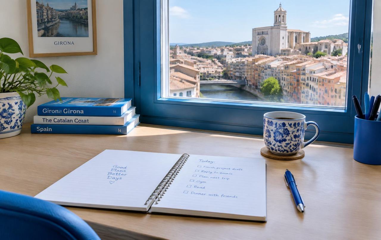 Escriptori amb una llibreta i una llista de comprovació davant d'una finestra amb vistes a Girona